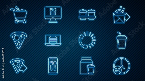 Set line Clock 24 hours, Coffee cup to go, Online ordering burger delivery, Slice pizza, Shopping cart and food, Food and icon. Vector
