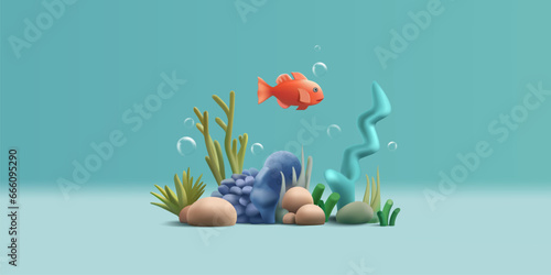 Coral reef and fish. 3d vector cartoon illustration with seaweed and bubbles under water
