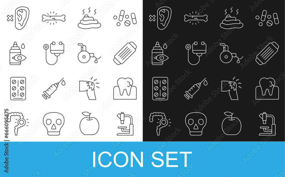 Set line Microscope, Tooth with caries, Medical protective mask, Shit, Stethoscope, Eye drop bottle, Deaf and Wheelchair icon. Vector