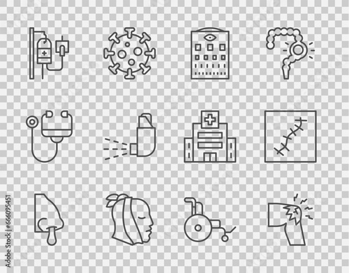 Set line Runny nose, Joint pain, knee pain, Eye test chart, Toothache, IV bag, Inhaler, Wheelchair and Scar with suture icon. Vector