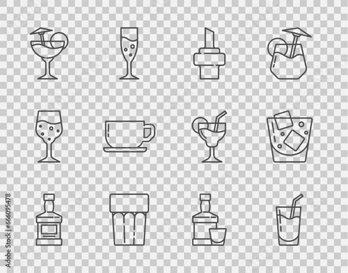 Set line Whiskey bottle, Cocktail, Wooden cork for wine, Glass with water, Coffee cup, and glass and whiskey icon. Vector