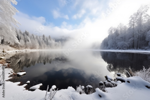 Beautiful landscape of winter with lake and snow
