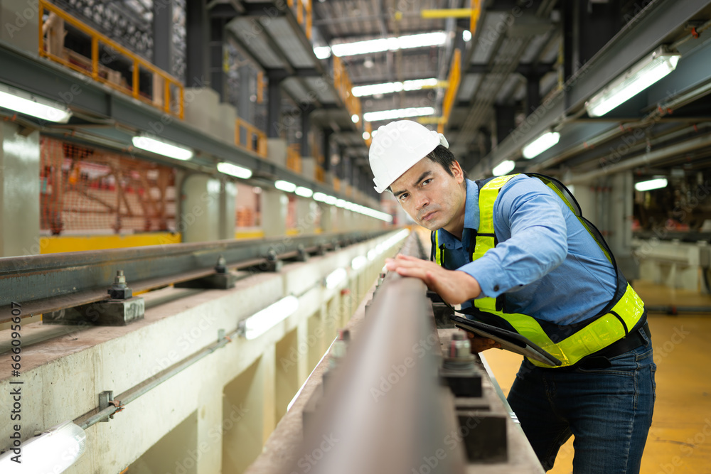 After the electric train is parked in the electric train repair shop, an electric train technician with tools inspect the railway and electric trains in accordance with the inspection round After the electric train is parked in the electric train repair shop, an electric train technician with tools inspect the railway and electric trains in accordance with the inspection round