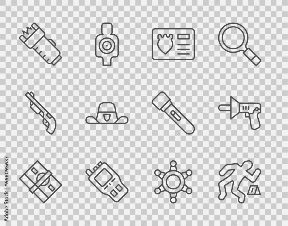 Set line Stacks paper money cash, Crime scene, Police badge with id case, Walkie talkie, electric shocker, Sheriff hat, Hexagram sheriff and megaphone icon. Vector Set line Stacks paper money cash, Crime scene, Police badge with id case, Walkie talkie, electric shocker, Sheriff hat, Hexagram sheriff and megaphone icon. Vector