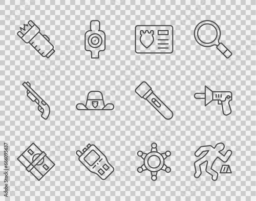 Set line Stacks paper money cash, Crime scene, Police badge with id case, Walkie talkie, electric shocker, Sheriff hat, Hexagram sheriff and megaphone icon. Vector