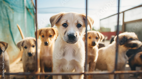 Several abandoned puppies stand and look with sad eyes, wanting to find a home and owner. dogs waiting to feed, eyes filled with anticipation, Concept of adopting a pet from a shelter.