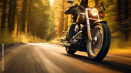 Custom motorbike biker rider on blurred country road © BeautyStock