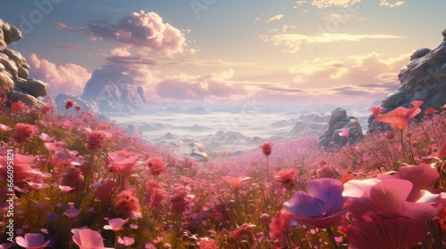  a painting of a field of flowers with a mountain in the background. generative ai