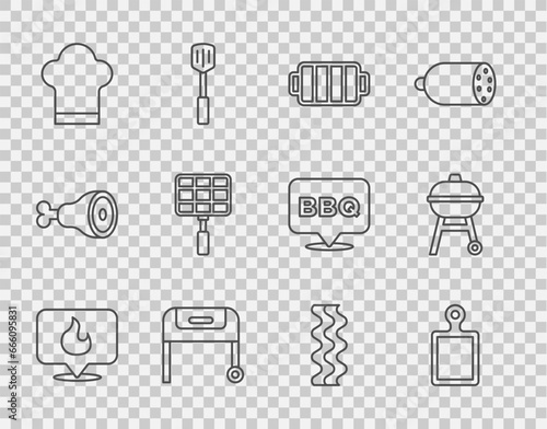 Set line Location with fire flame, Cutting board, Barbecue grill, Chef hat, steel grid, Bacon stripe and icon. Vector