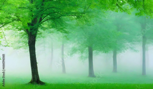 Morning fog in the forest, soft focus and blurred nature background.