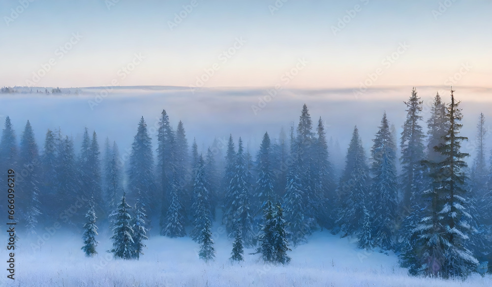 Winter landscape with fir trees covered with snow in the forest at sunset
