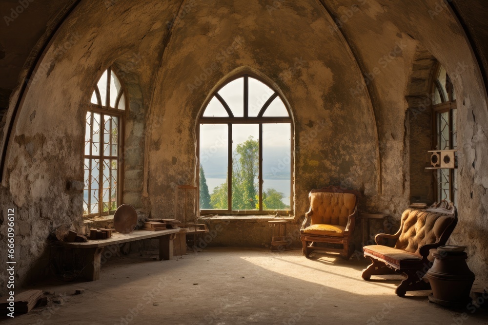 Abandoned room bathed in warm light, overlooking the serene sea or lake. Abandoned room bathed in warm light, overlooking the serene sea or lake.