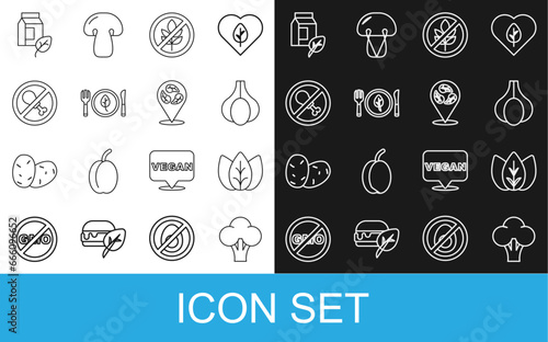 Set line Broccoli, Leaf or leaves, Garlic, Gluten free grain, Vegan food diet, No meat, milk and icon. Vector