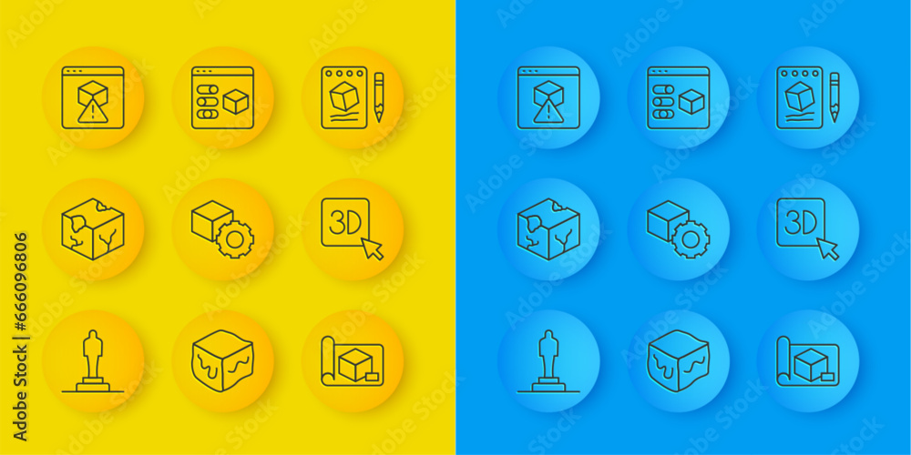 Set line 3D printer model, Isometric cube, Graphing paper for engineering, Sketch on and icon. Vector Set line 3D printer model, Isometric cube, Graphing paper for engineering, Sketch on and icon. Vector