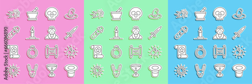 Set line Magic hat, Poison apple, Dagger, Skull, Burning candle in candlestick, Bottle with potion, Fireball and Wizard warlock icon. Vector