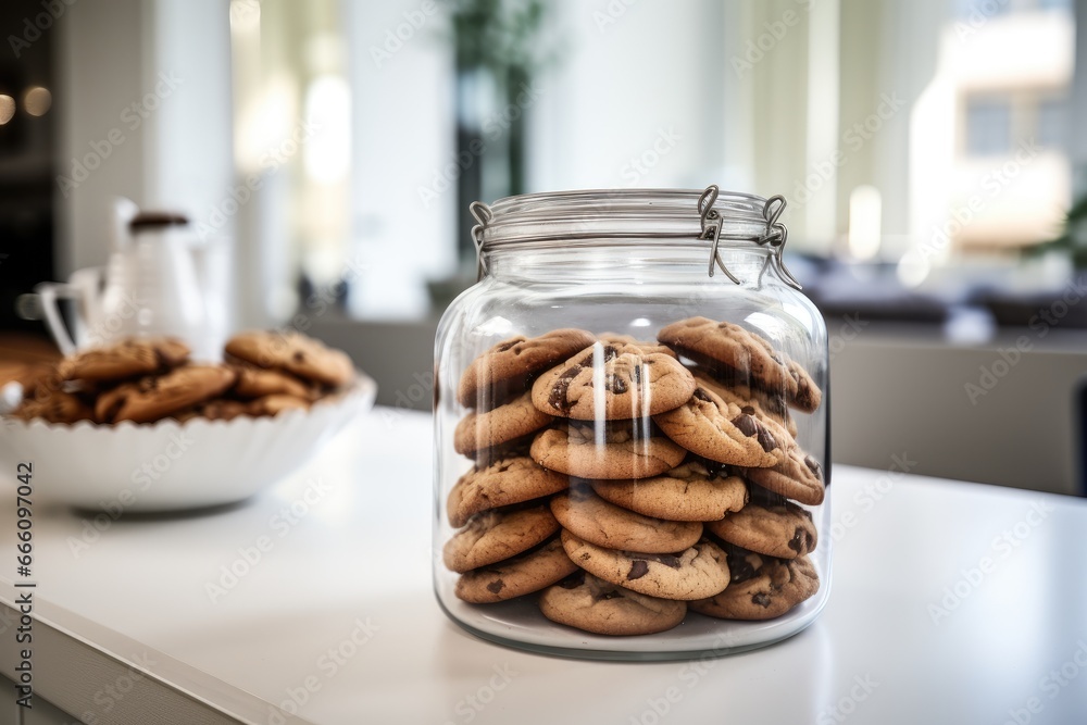 A jar of chocolate chip cookies bathed in natural light on a kitchen counter. - obrazy, fototapety, plakaty 