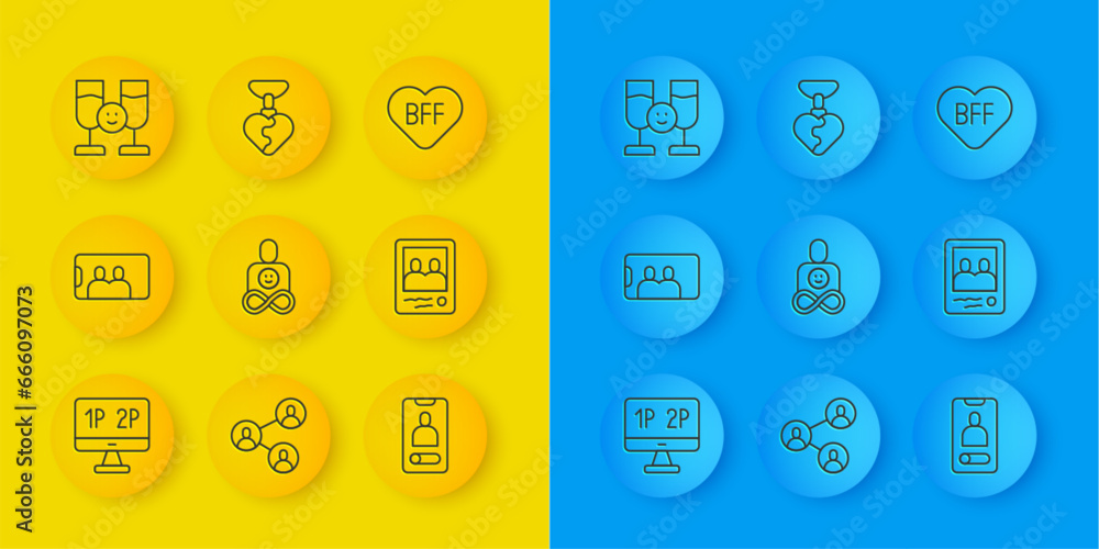 Set line Computer monitor screen, Selfie mobile, Friends forever, Incoming call, Family photo, drinking alcohol, BFF best friends and Necklace with heart shaped icon. Vector Set line Computer monitor screen, Selfie mobile, Friends forever, Incoming call, Family photo, drinking alcohol, BFF best friends and Necklace with heart shaped icon. Vector