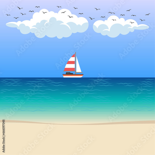 Sea beach with a sailing boat and some flock of birds