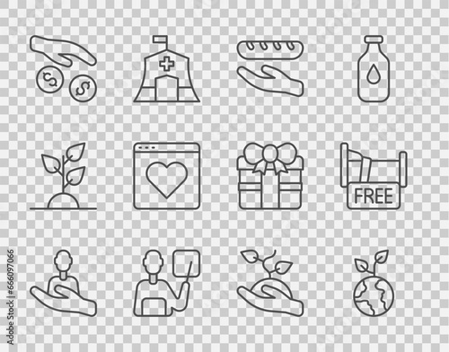 Set line Caring for people, Volunteer team planting trees, Donation food, Teacher, and charity, Dating app online, and Free overnight stay house icon. Vector
