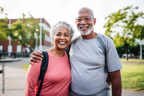 Multiracial senior people having fun, hugging each other after sport workout at city park. Healthy lifestyle and joyful elderly lifestyle concept