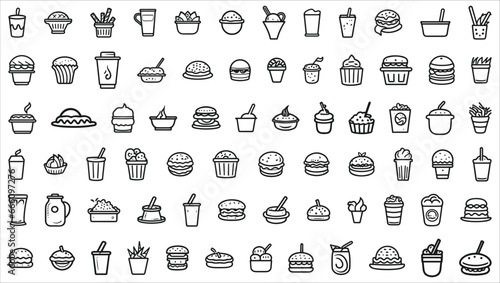 Set of 60 outline icons related to food and drink, Food and drinks icon, Linear icon collection