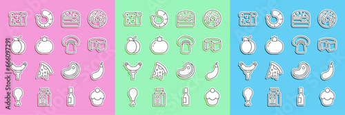Set line Muffin, Eggplant, Cheese, Burger, Tomato, Plum fruit, Bread toast and Mushroom icon. Vector