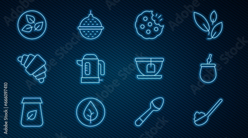 Set line Spoon with sugar, Mate tea, Cookie or biscuit, Electric kettle, Croissant, Tea leaf, Cup bag and Ball strainer icon. Vector