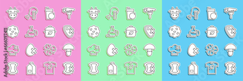 Set line No leather, Mushroom, meat, Fresh smoothie, Bottle of olive oil, Cookie or biscuit, Cow head and Vegan food diet icon. Vector