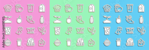 Set line Cup of tea with leaf, Tea, Bottle water, bag, Mate, Muffin and hand icon. Vector