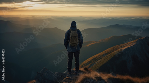 Person standing on top of a mountain with a backpack and looking out over the valley.