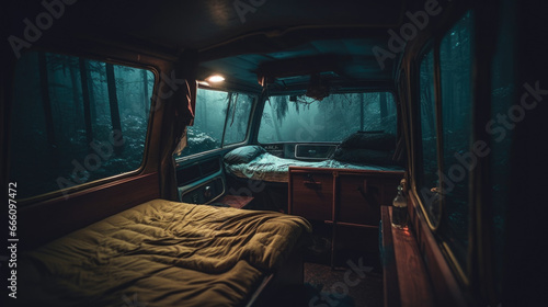 Interior of a van with a bed in the middle of a dark forest.