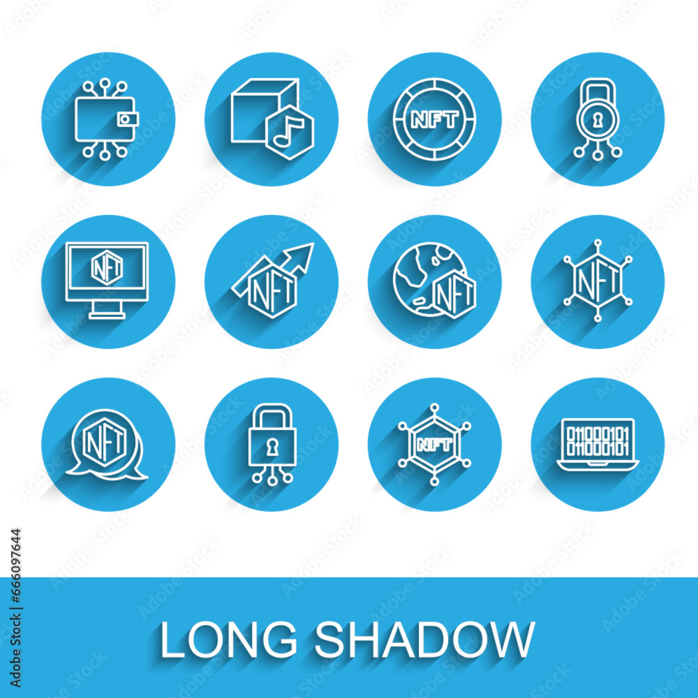 Set line NFT Digital crypto art, Cyber security, Cryptocurrency wallet, blockchain technology, Binary code, growth bar chart, and icon. Vector Set line NFT Digital crypto art, Cyber security, Cryptocurrency wallet, blockchain technology, Binary code, growth bar chart, and icon. Vector