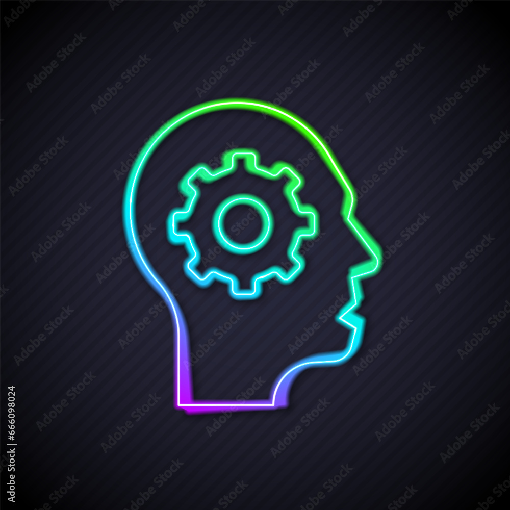 Glowing neon line Human head with gear inside icon isolated on black background. Artificial intelligence. Thinking brain. Symbol work of brain. Vector Glowing neon line Human head with gear inside icon isolated on black background. Artificial intelligence. Thinking brain. Symbol work of brain. Vector