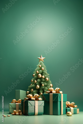 Abstract mockup scene with Christmas tree, gold ball decoration, gift box with gold ribbon for show cosmetic product display. Winter green background, stage pedestal or platform 3d render