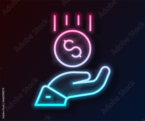 Glowing neon line Coins on hand - minimal wage icon isolated on black background. Vector