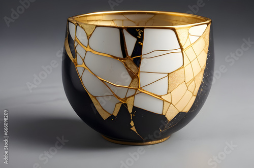 pottery cup isolated in dark kintsugi