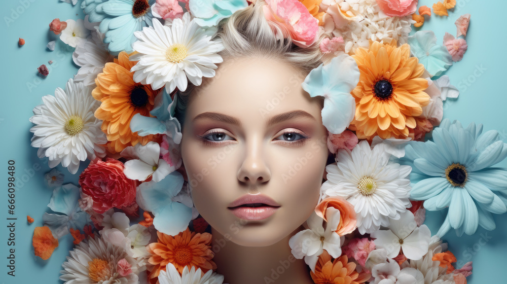 Portrait of a woman with flowers around Portrait of a woman with flowers around