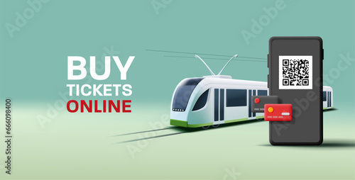 Urban tram rail public transport illustration with smartphone for online ticket, digital purchase promo