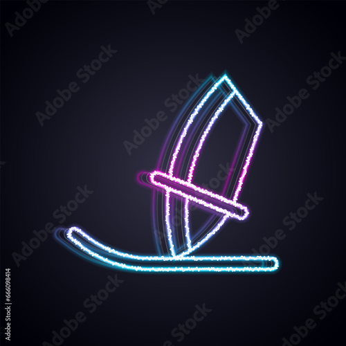 Glowing neon line Windsurfing icon isolated on black background. Vector