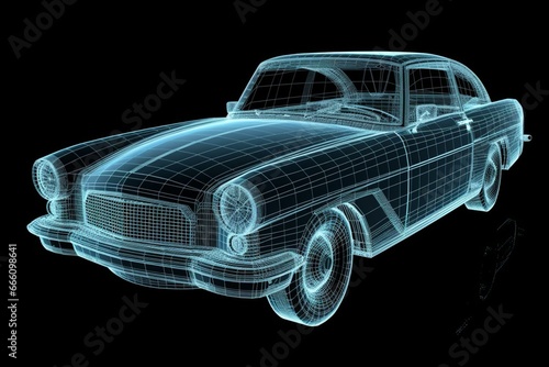 Wireframe hologram of a car. Rendered in 3D with a black background. Generative AI
