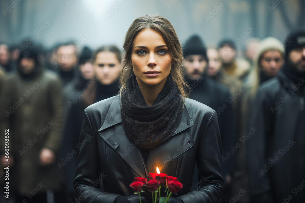 The beautiful widow with red roses in her hands, on a dreary November day - obrazy, fototapety, plakaty 