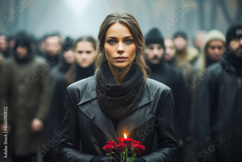 The beautiful widow with red roses in her hands, on a dreary November day