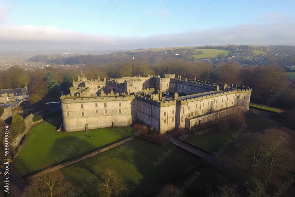 December view of Skipton Castle captured by a drone. Generative AI