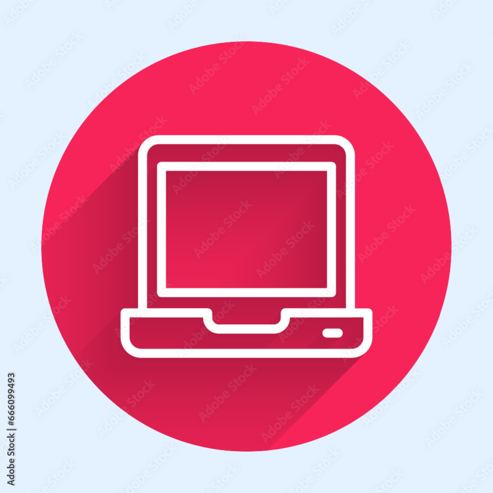 White line Laptop icon isolated with long shadow background. Computer notebook with empty screen sign. Red circle button. Vector White line Laptop icon isolated with long shadow background. Computer notebook with empty screen sign. Red circle button. Vector