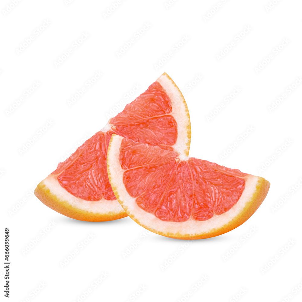 Ripe sliced pink grapefruit citrus fruit isolated on white background