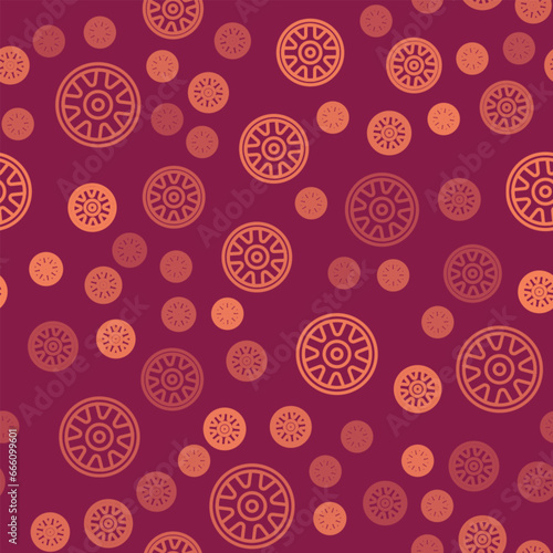 Brown line Alloy wheel for car icon isolated seamless pattern on red background. Vector