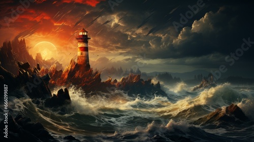 A lit lighthouse and cliffs under stormy weather with dramatic sky and waves. Made with Generative AI. 