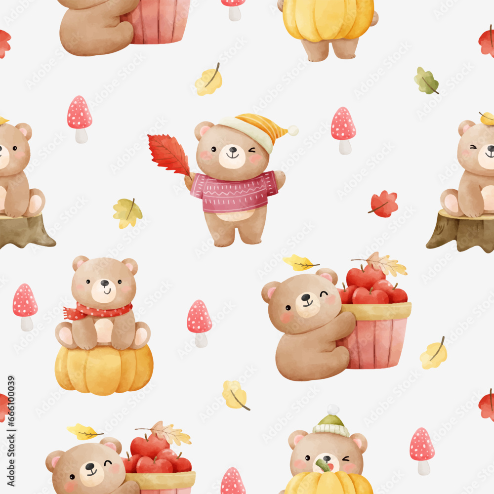 Draw seamless background happy bear Autumn fall concept For baby shower Greeting card Clothing kids