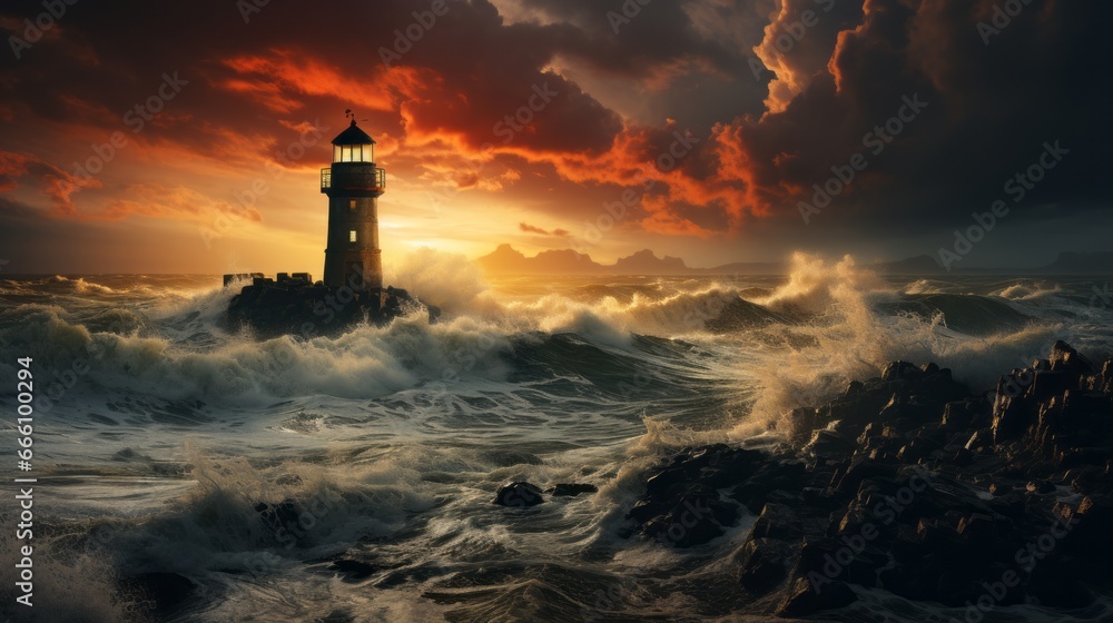A lit lighthouse and cliffs under stormy weather with dramatic sky and waves. Made with Generative AI.	