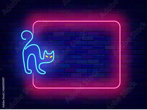 Halloween neon advertising. Wild cat. Pink empty frame. October scary holiday. Shiny banner. Vector stock illustration